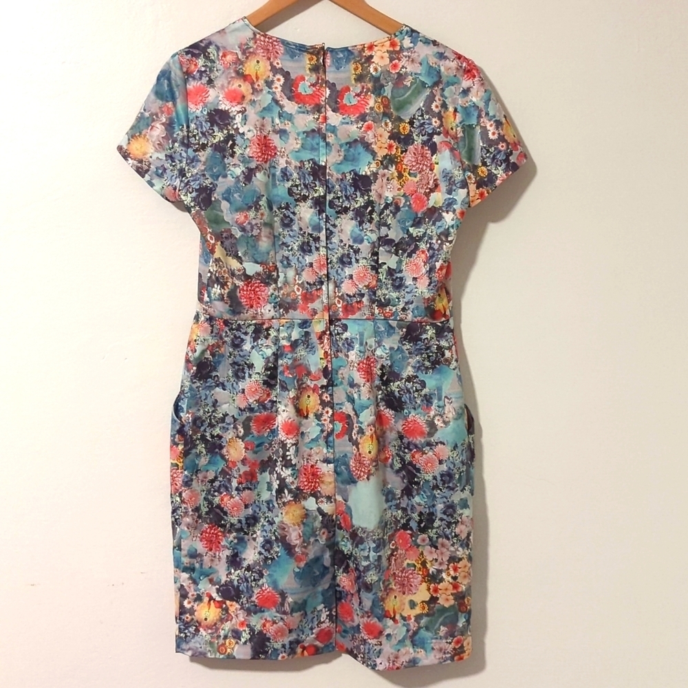H&M Floral Roses Pastel V-Neck Short Sleeve Pockets Pleats Garden Party Dress 8 - Picture 6 of 6